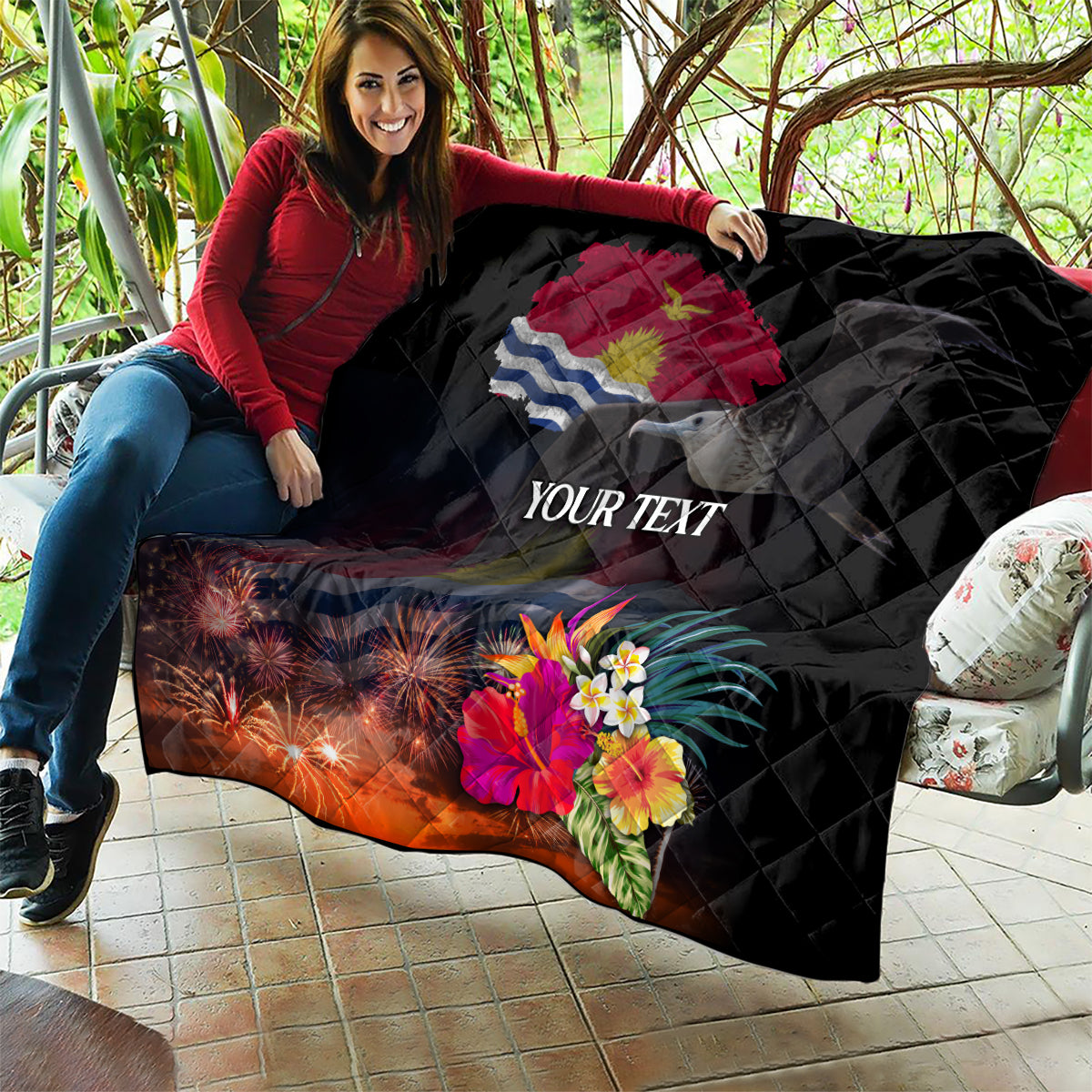 Personalised Kiribati Independence Day Quilt Frigatebird and Plumeria Hibiscus Flower LT03 - Polynesian Pride