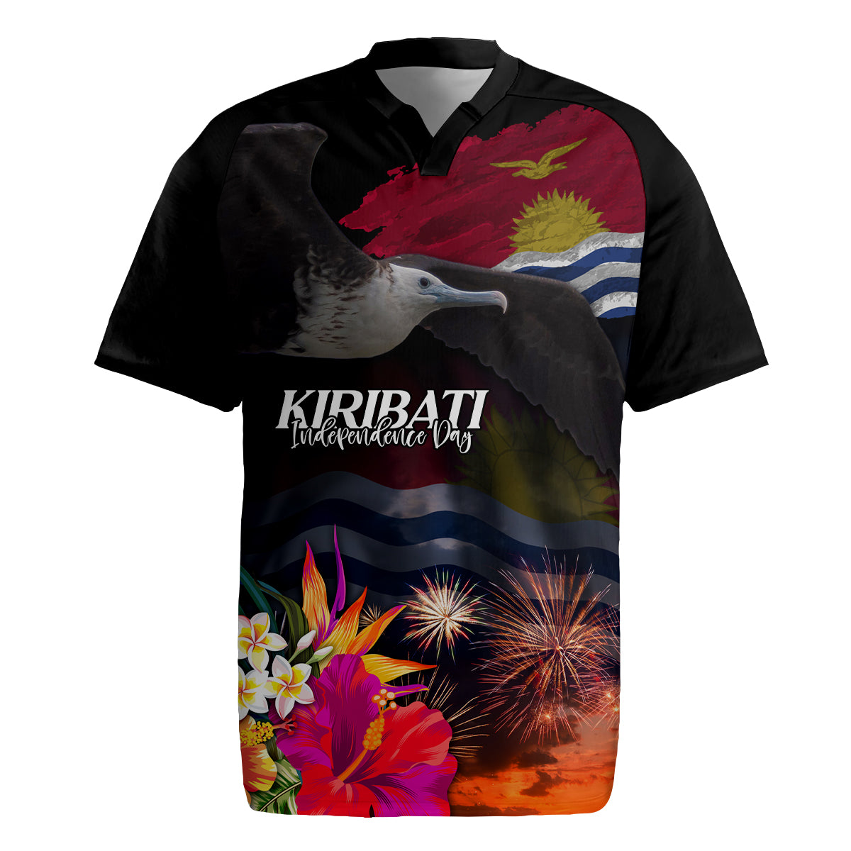 Personalised Kiribati Independence Day Rugby Jersey Frigatebird and Plumeria Hibiscus Flower LT03 Black - Polynesian Pride