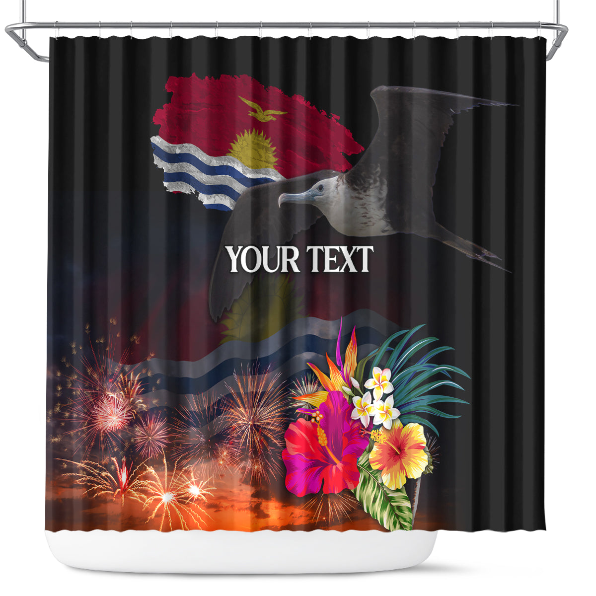 Personalised Kiribati Independence Day Shower Curtain Frigatebird and Plumeria Hibiscus Flower LT03 Black - Polynesian Pride