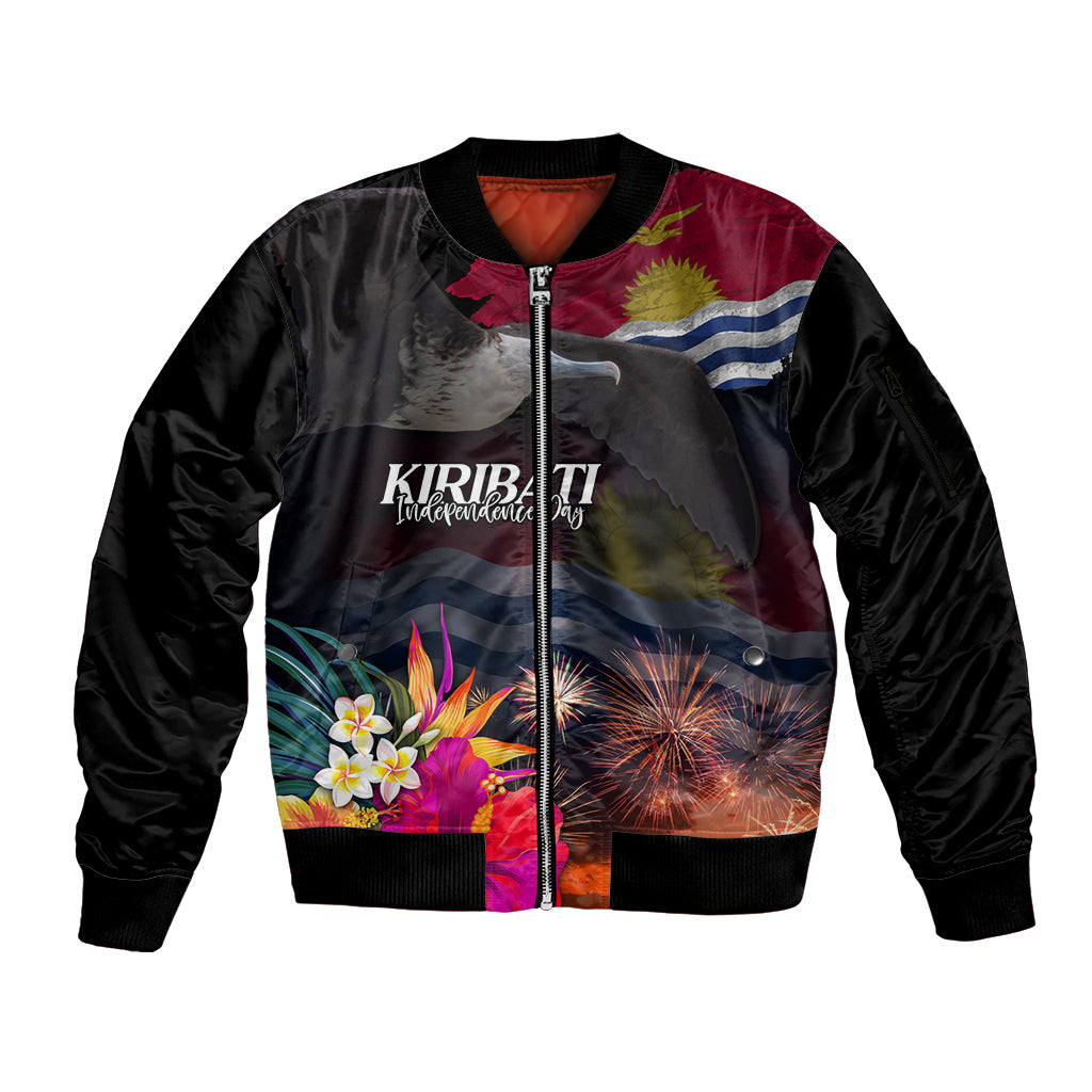 Personalised Kiribati Independence Day Sleeve Zip Bomber Jacket Frigatebird and Plumeria Hibiscus Flower LT03 Unisex Black - Polynesian Pride