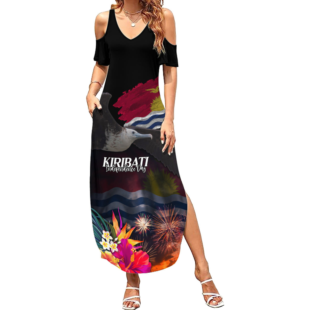 Kiribati Independence Day Summer Maxi Dress Frigatebird and Plumeria Hibiscus Flower