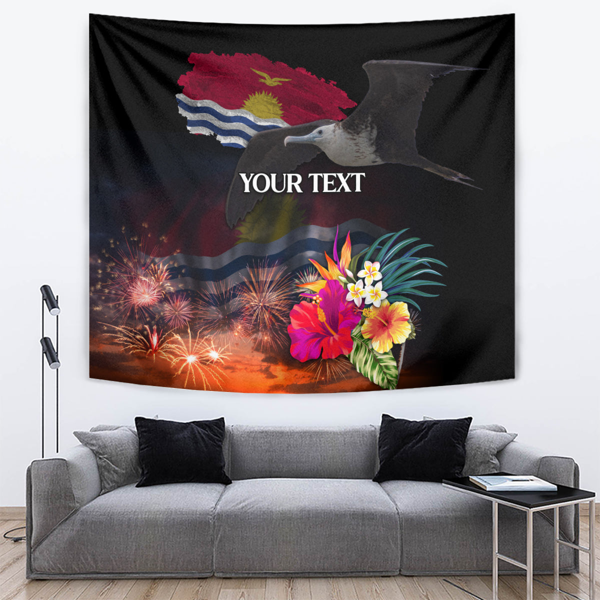 Personalised Kiribati Independence Day Tapestry Frigatebird and Plumeria Hibiscus Flower LT03 Black - Polynesian Pride