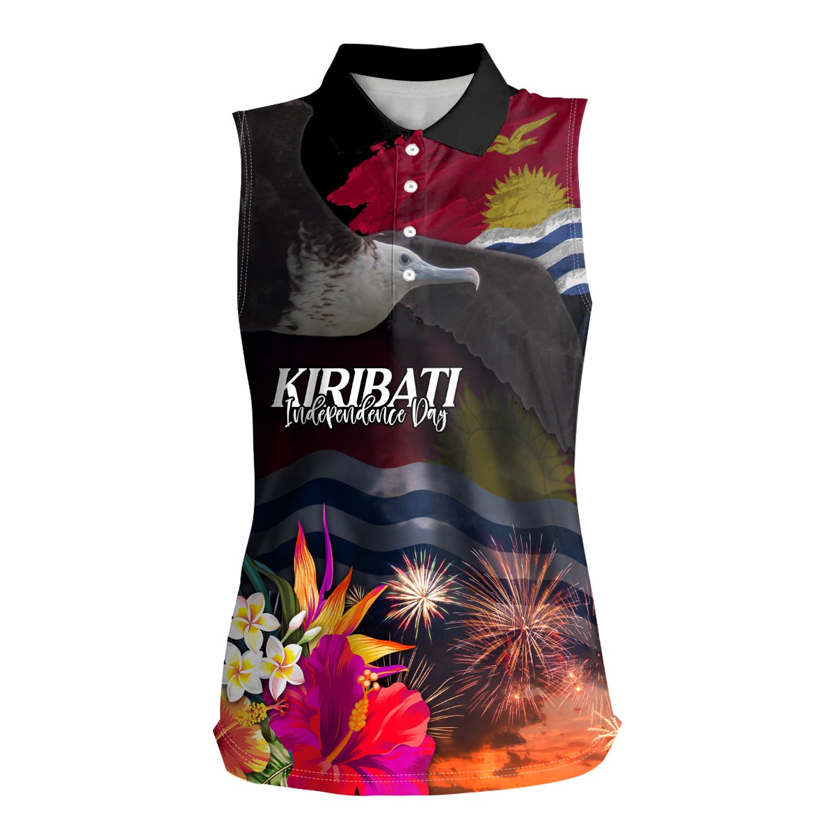 Kiribati Independence Day Women Sleeveless Polo Shirt Frigatebird and Plumeria Hibiscus Flower