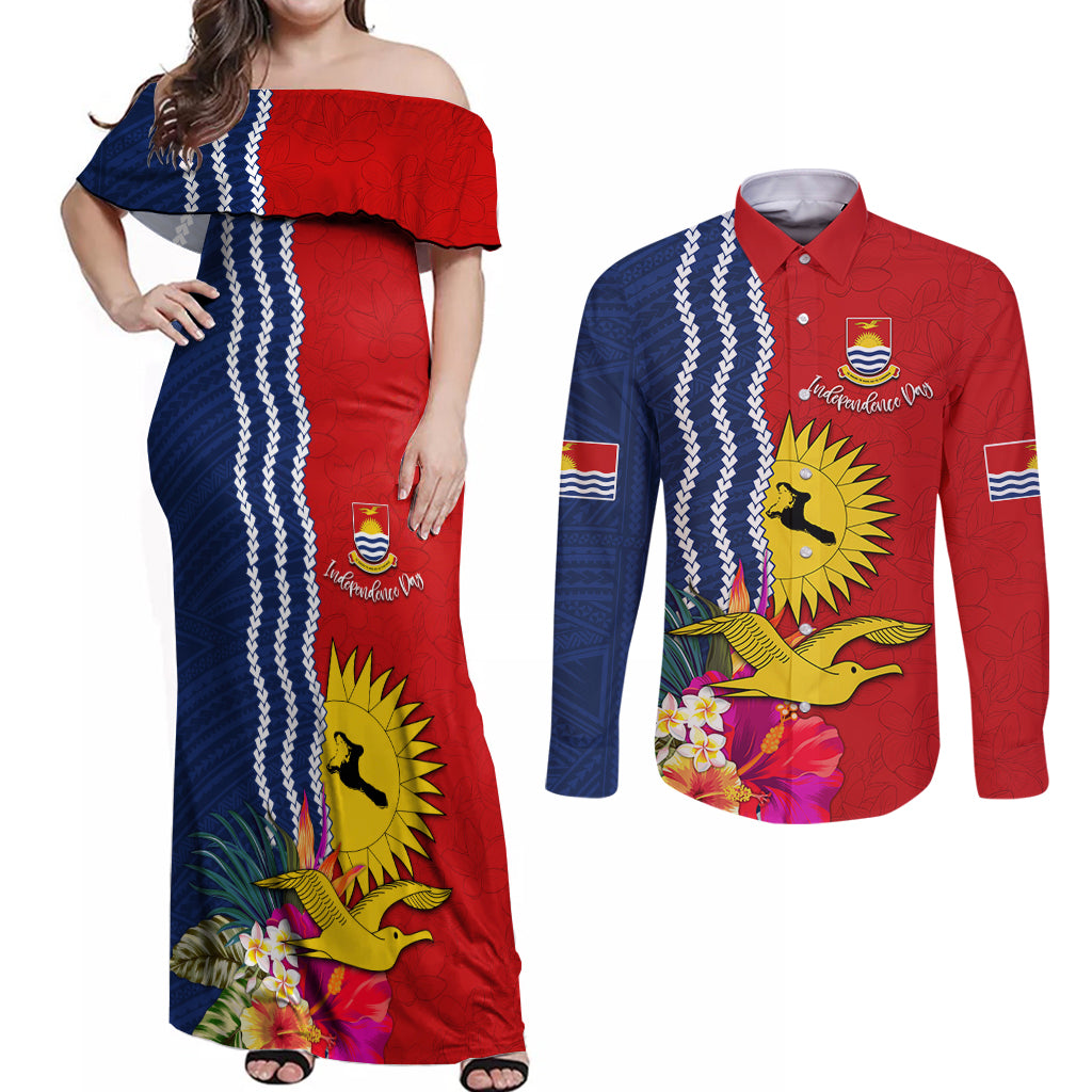 Kiribati Independence Day Couples Matching Off Shoulder Maxi Dress and Long Sleeve Button Shirt Kiribati Map With Flag Color