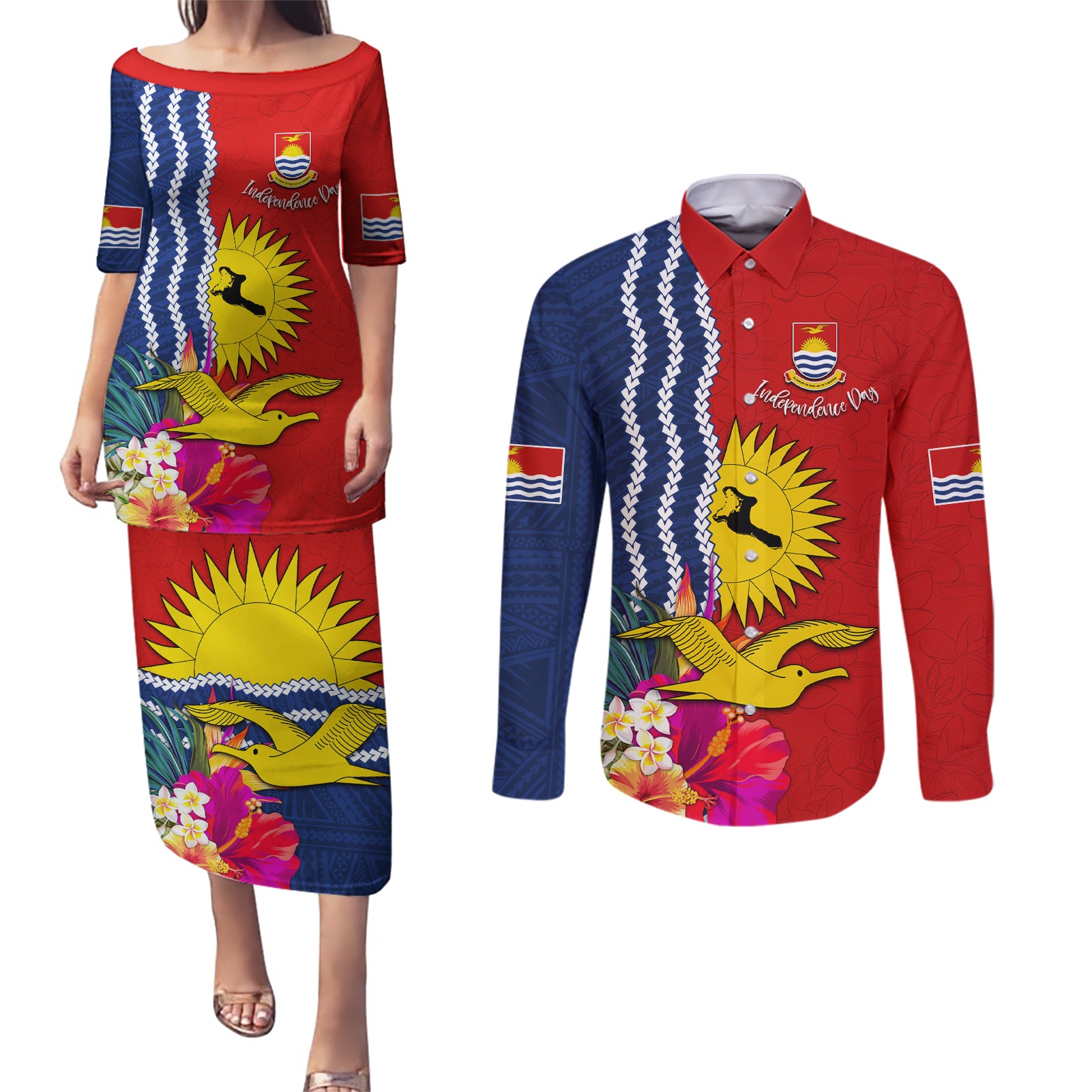 Kiribati Independence Day Couples Matching Puletasi and Long Sleeve Button Shirt Kiribati Map With Flag Color