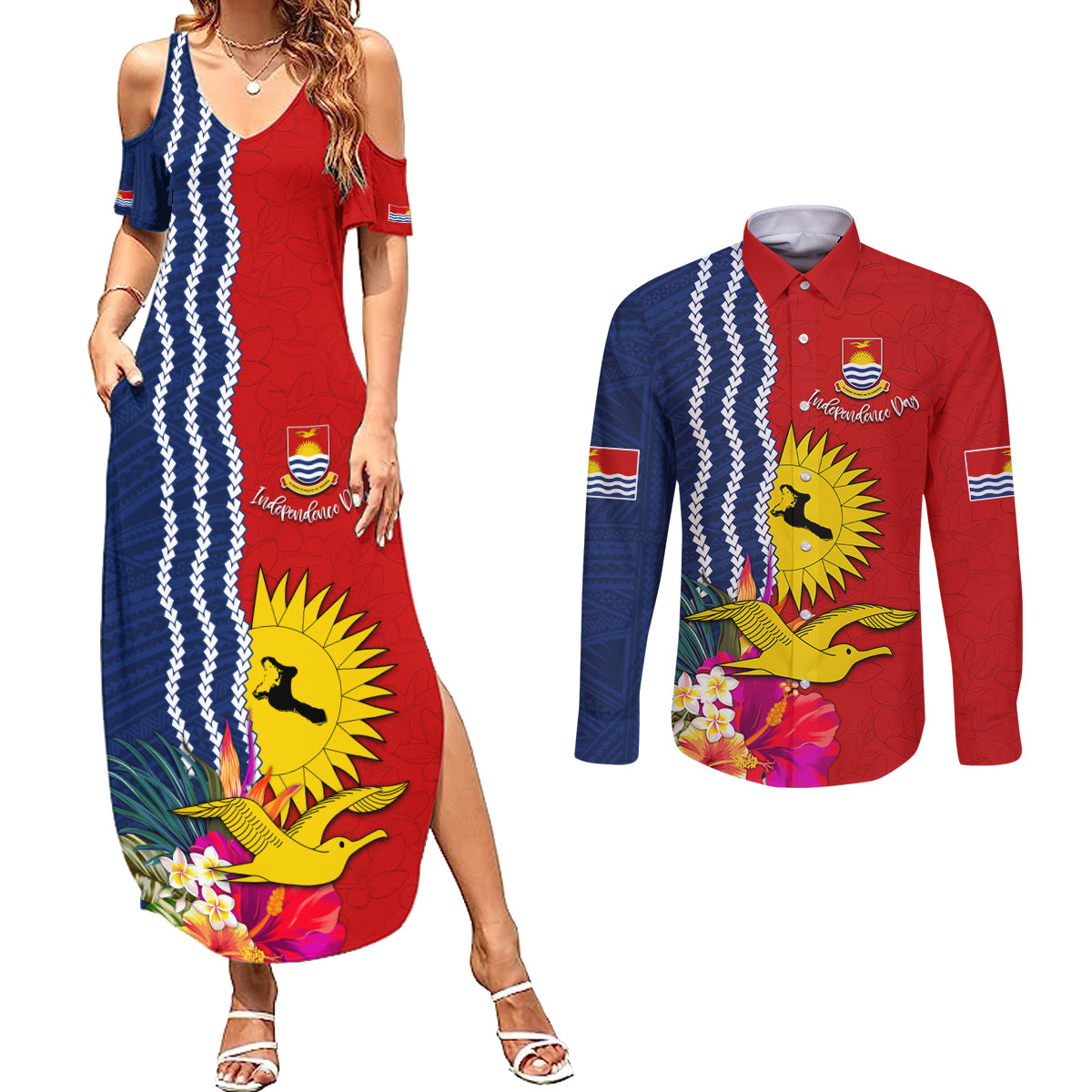 Kiribati Independence Day Couples Matching Summer Maxi Dress and Long Sleeve Button Shirt Kiribati Map With Flag Color