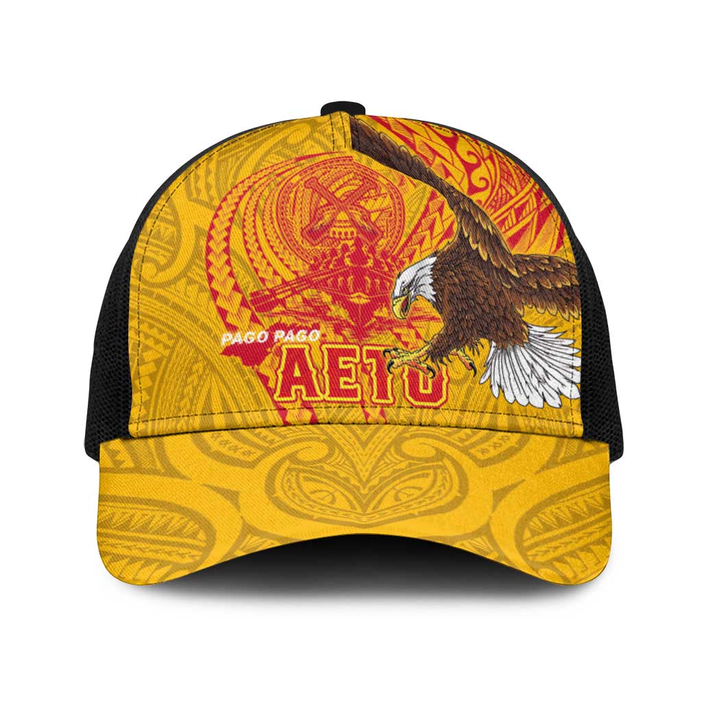 American Samoa Fautasi Race Baseball Net Cap Aeto Pago Pago with Eagle Samoan Tribal Patterns LT03 One Size Black Multicolor - Polynesian Pride