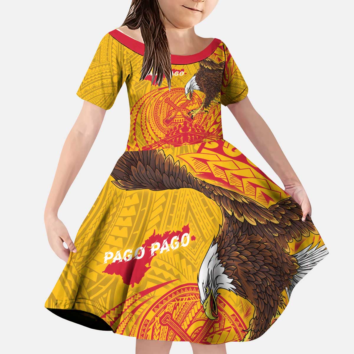Personalized American Samoa Fautasi Race Kid Short Sleeve Dress Aeto Pago Pago with Eagle Samoan Tribal Patterns LT03 KID Multicolor - Polynesian Pride