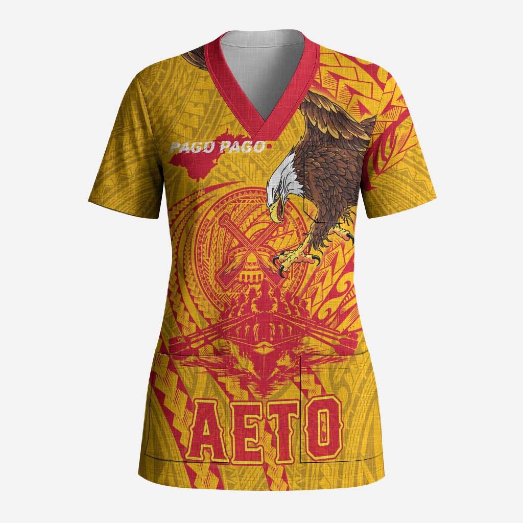 Personalized American Samoa Fautasi Race Scrub Top Aeto Pago Pago with Eagle Samoan Tribal Patterns LT03 Adult Multicolor - Polynesian Pride