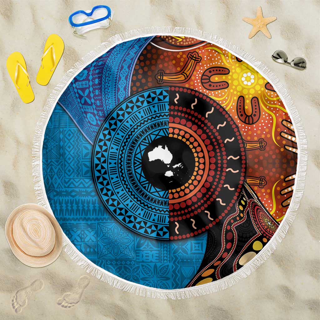 Fiji and Australia Together Beach Blanket Tapa Tribal Tattoo mix Aboriginal Pattern LT03 One Size 150cm Black - Polynesian Pride