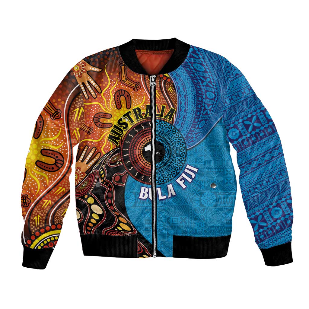 Fiji and Australia Together Bomber Jacket Tapa Tribal Tattoo mix Aboriginal Pattern LT03 Unisex Black - Polynesian Pride