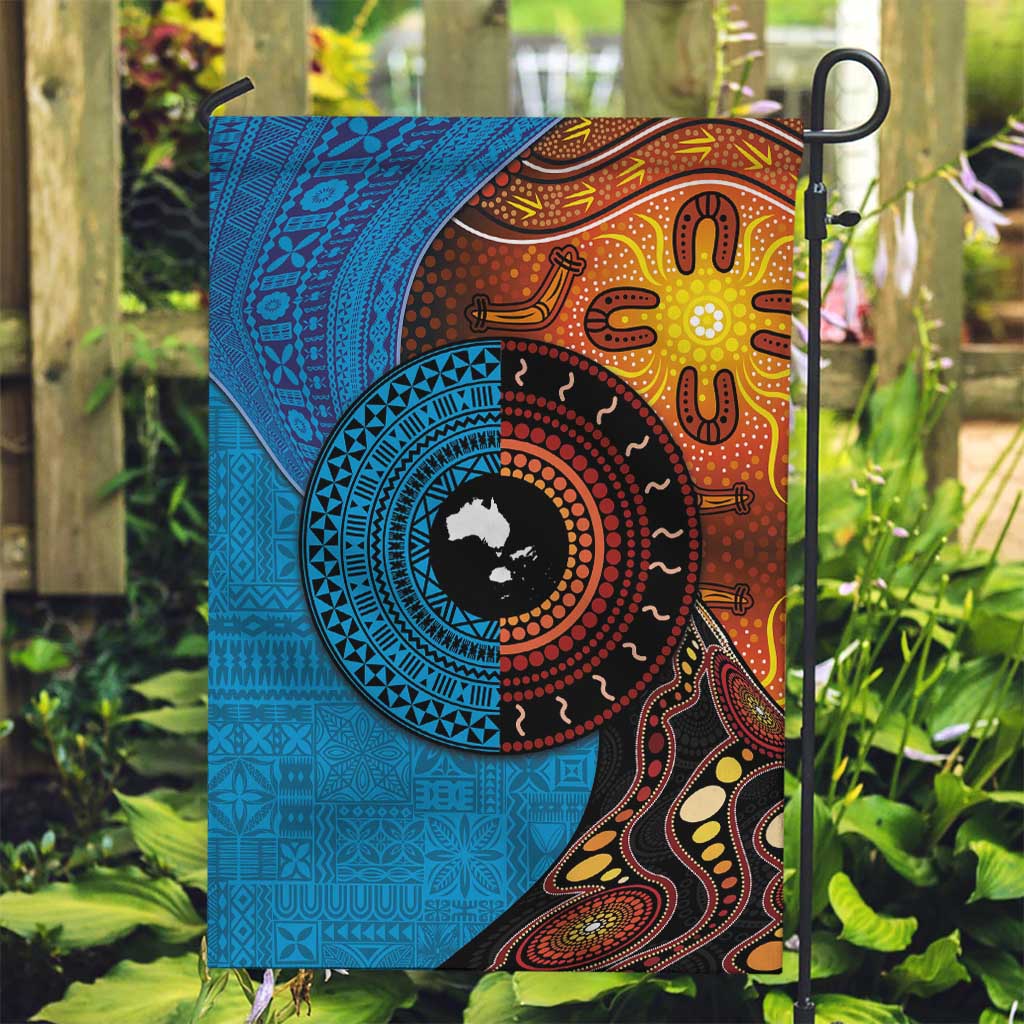 Fiji and Australia Together Garden Flag Tapa Tribal Tattoo mix Aboriginal Pattern LT03 Garden Flag Black - Polynesian Pride