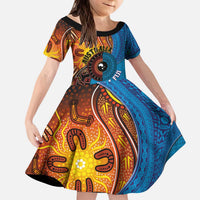 Fiji and Australia Together Kid Short Sleeve Dress Tapa Tribal Tattoo mix Aboriginal Pattern LT03 KID Black - Polynesian Pride