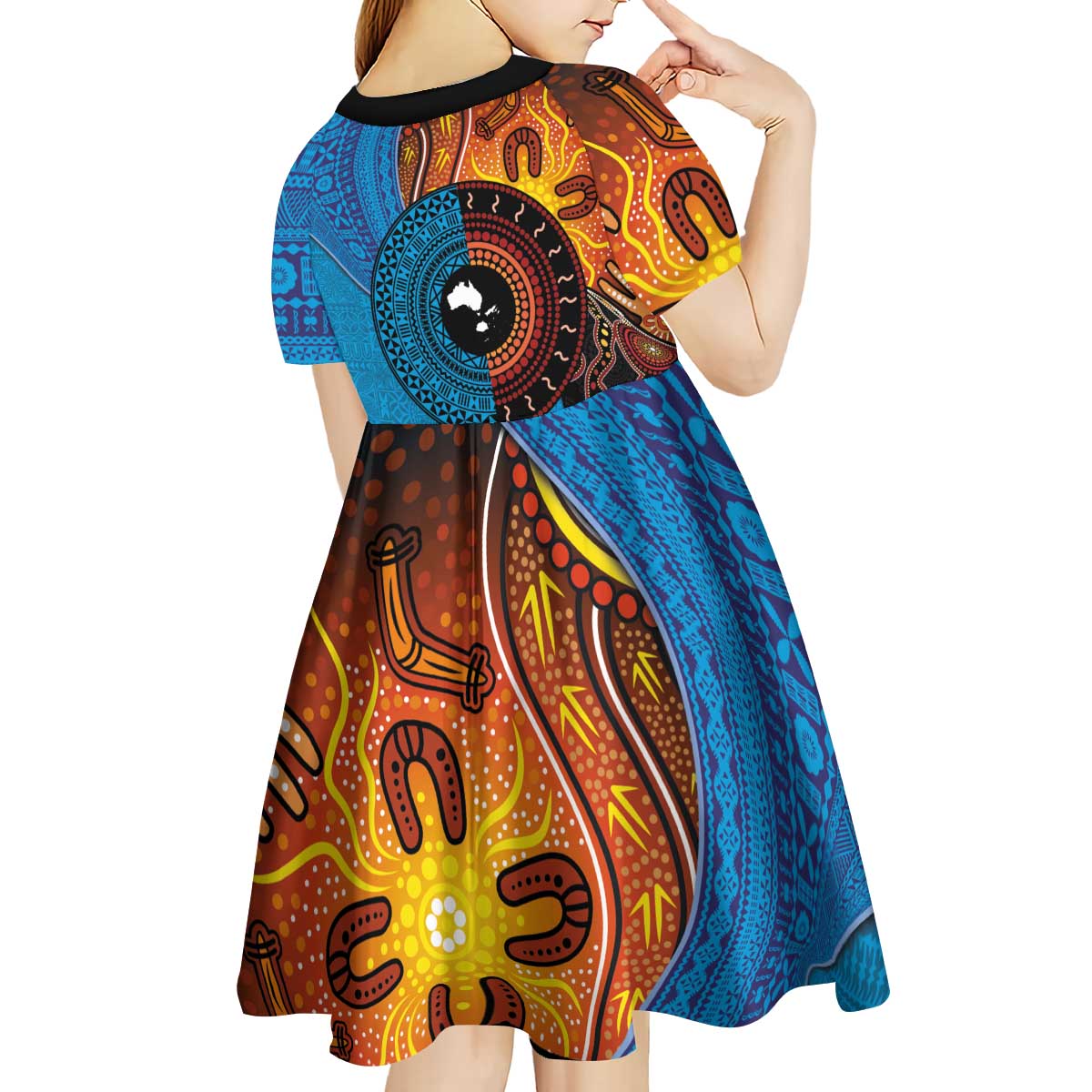 Fiji and Australia Together Kid Short Sleeve Dress Tapa Tribal Tattoo mix Aboriginal Pattern LT03 - Polynesian Pride