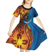 Fiji and Australia Together Kid Short Sleeve Dress Tapa Tribal Tattoo mix Aboriginal Pattern LT03 - Polynesian Pride