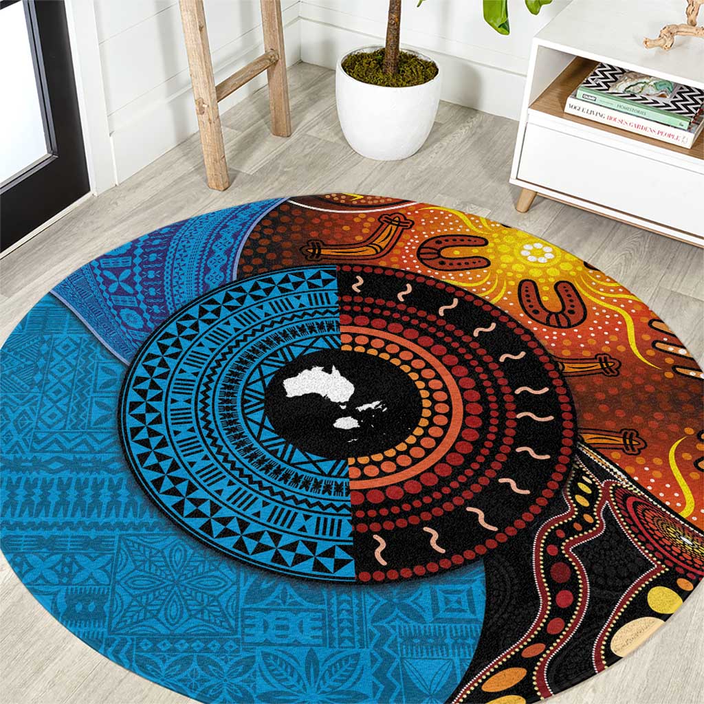 Fiji and Australia Together Round Carpet Tapa Tribal Tattoo mix Aboriginal Pattern LT03 Black - Polynesian Pride