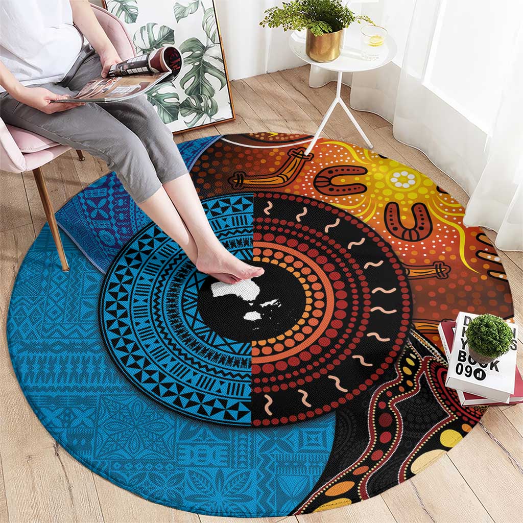 Fiji and Australia Together Round Carpet Tapa Tribal Tattoo mix Aboriginal Pattern LT03 - Polynesian Pride