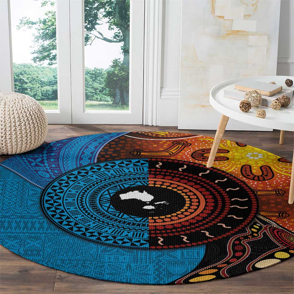 Fiji and Australia Together Round Carpet Tapa Tribal Tattoo mix Aboriginal Pattern LT03 - Polynesian Pride