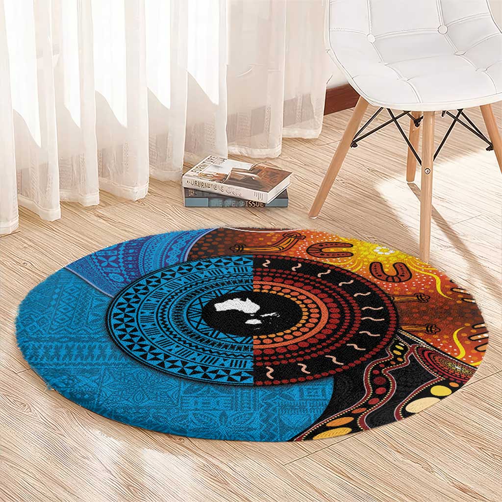 Fiji and Australia Together Round Carpet Tapa Tribal Tattoo mix Aboriginal Pattern LT03 - Polynesian Pride