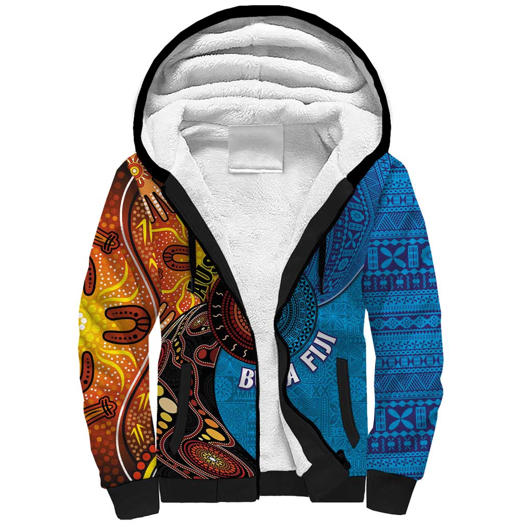 Fiji and Australia Together Sherpa Hoodie Tapa Tribal Tattoo mix Aboriginal Pattern LT03 Unisex Black - Polynesian Pride