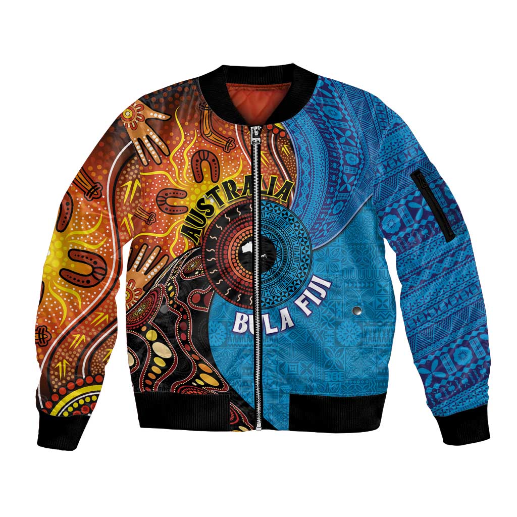 Fiji and Australia Together Sleeve Zip Bomber Jacket Tapa Tribal Tattoo mix Aboriginal Pattern LT03 Unisex Black - Polynesian Pride