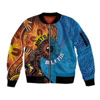 Fiji and Australia Together Sleeve Zip Bomber Jacket Tapa Tribal Tattoo mix Aboriginal Pattern LT03 Unisex Black - Polynesian Pride