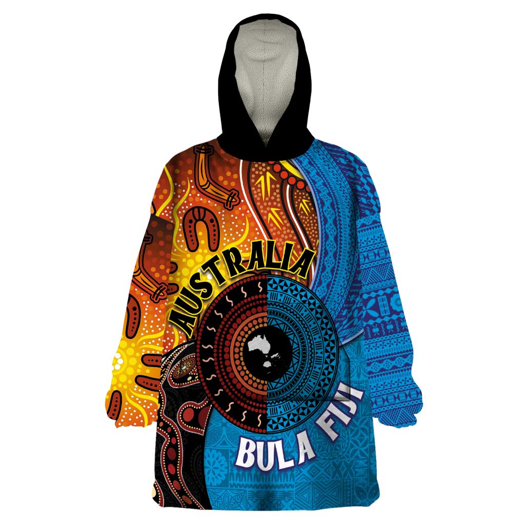 Fiji and Australia Together Wearable Blanket Hoodie Tapa Tribal Tattoo mix Aboriginal Pattern LT03 One Size Black - Polynesian Pride