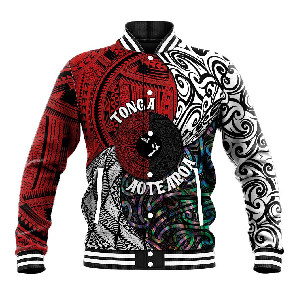 Tonga and New Zealand Together Baseball Jacket Tongan Kupesi Ngatu Tattoo and Maori Paua Shell Pattern LT03 Unisex Black - Polynesian Pride
