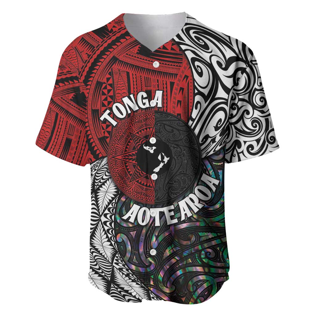 Tonga and New Zealand Together Baseball Jersey Tongan Kupesi Ngatu Tattoo and Maori Paua Shell Pattern LT03 Black - Polynesian Pride