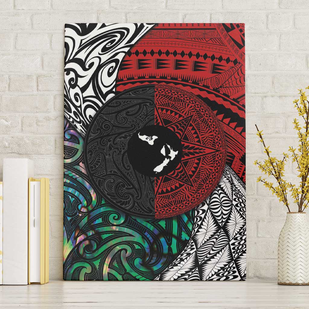 Tonga and New Zealand Together Canvas Wall Art Tongan Kupesi Ngatu Tattoo and Maori Paua Shell Pattern LT03 Without Frame Black - Polynesian Pride