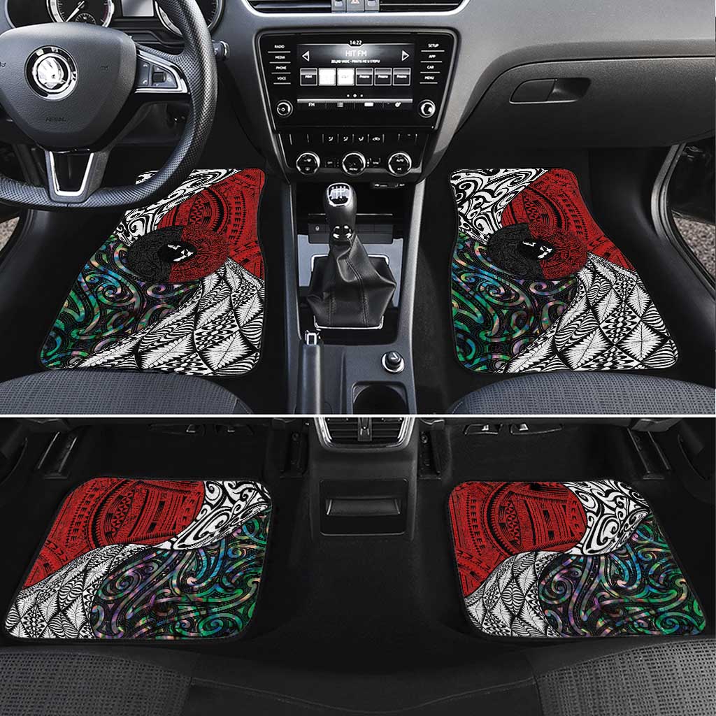 Tonga and New Zealand Together Car Mats Tongan Kupesi Ngatu Tattoo and Maori Paua Shell Pattern LT03 Set 4pcs Black - Polynesian Pride