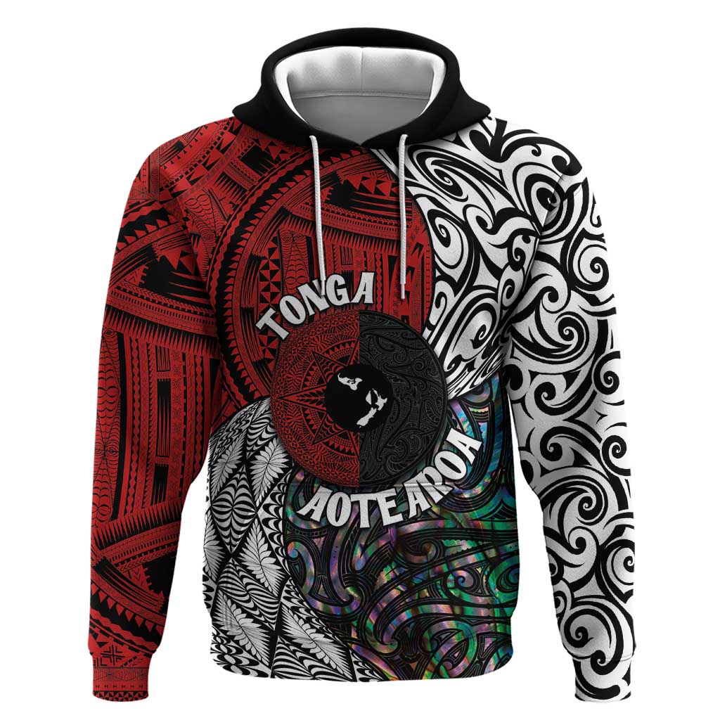Tonga and New Zealand Together Hoodie Tongan Kupesi Ngatu Tattoo and Maori Paua Shell Pattern LT03 Pullover Hoodie Black - Polynesian Pride