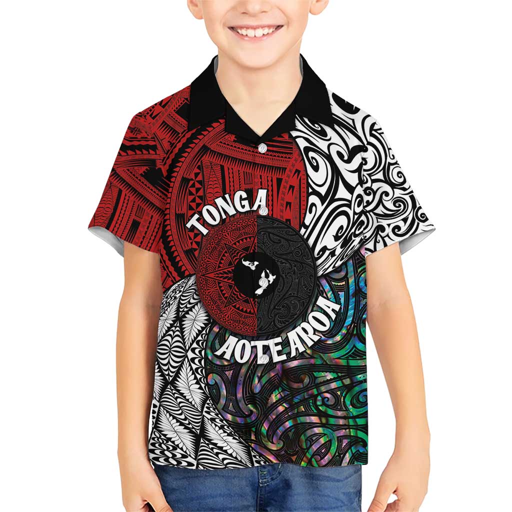 Tonga and New Zealand Together Kid Hawaiian Shirt Tongan Kupesi Ngatu Tattoo and Maori Paua Shell Pattern