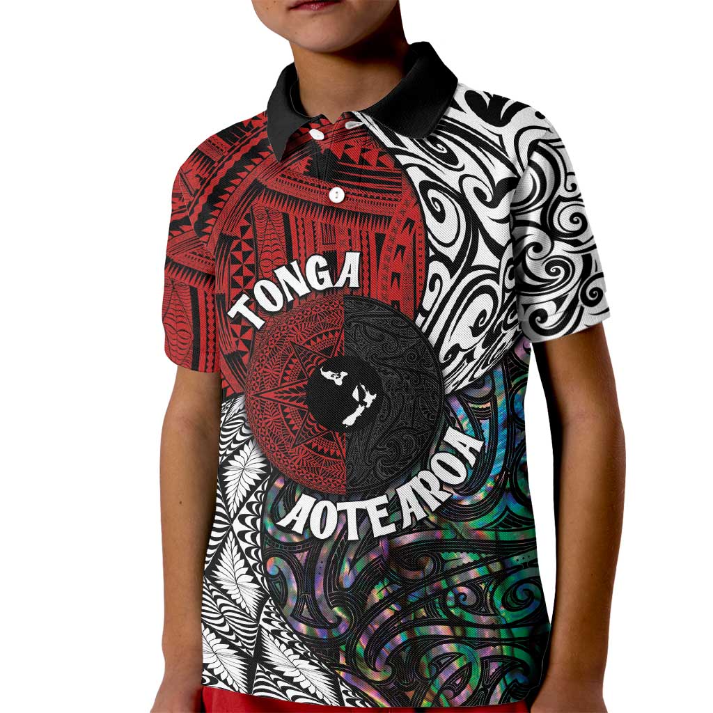 Tonga and New Zealand Together Kid Polo Shirt Tongan Kupesi Ngatu Tattoo and Maori Paua Shell Pattern