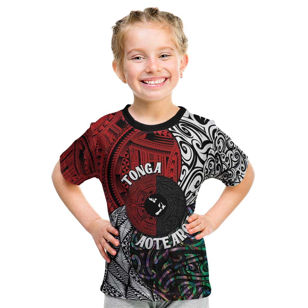 Tonga and New Zealand Together Kid T Shirt Tongan Kupesi Ngatu Tattoo and Maori Paua Shell Pattern