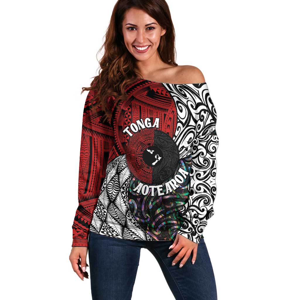 Tonga and New Zealand Together Off Shoulder Sweater Tongan Kupesi Ngatu Tattoo and Maori Paua Shell Pattern LT03 Women Black - Polynesian Pride