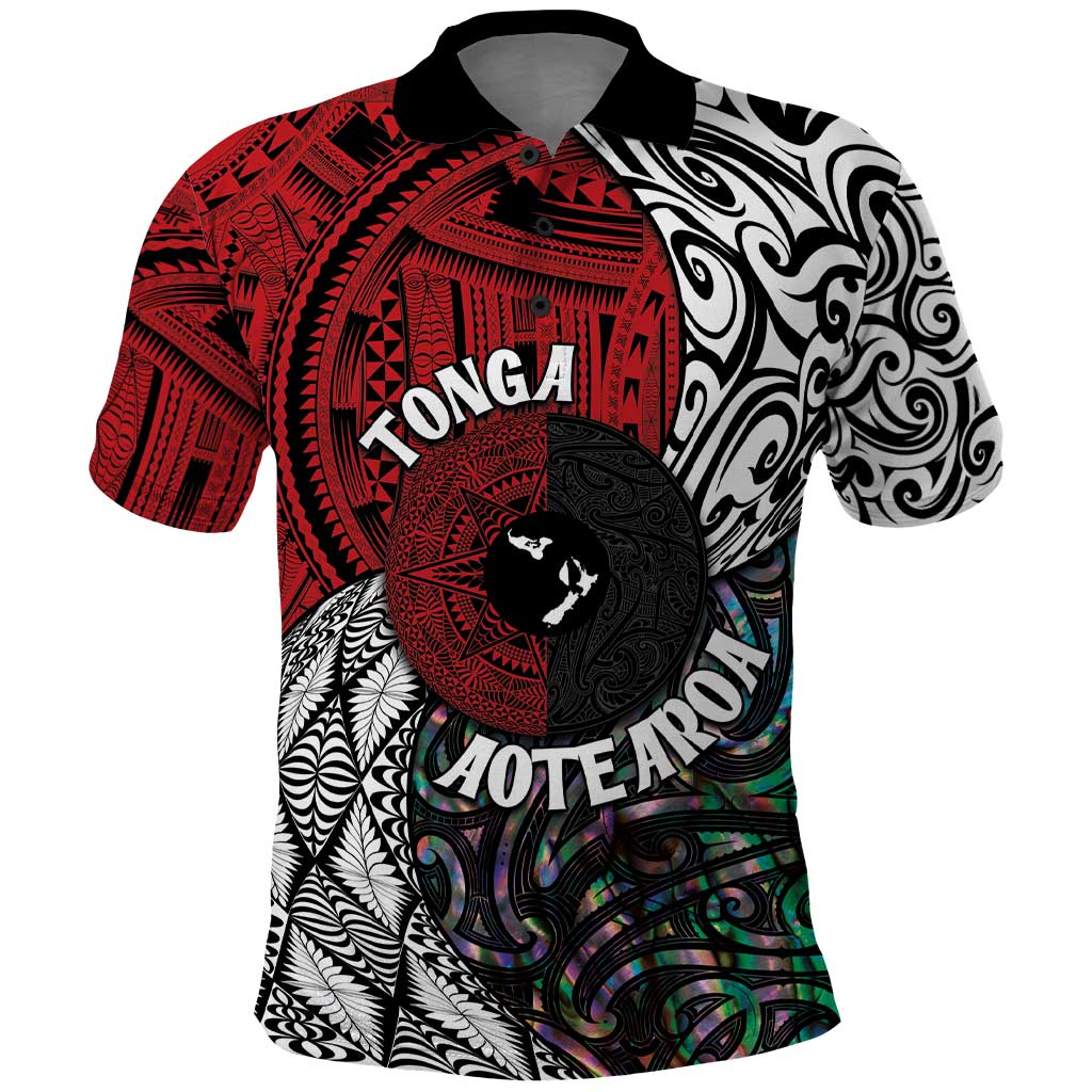 Tonga and New Zealand Together Polo Shirt Tongan Kupesi Ngatu Tattoo and Maori Paua Shell Pattern