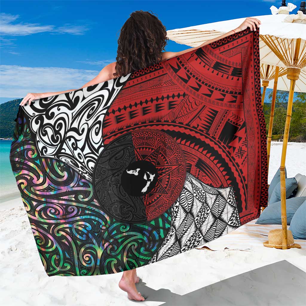 Tonga and New Zealand Together Sarong Tongan Kupesi Ngatu Tattoo and Maori Paua Shell Pattern LT03 One Size 44 x 66 inches Black - Polynesian Pride