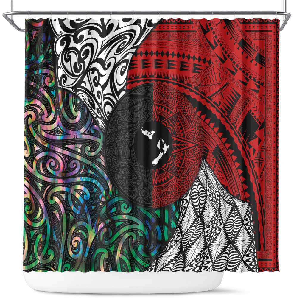 Tonga and New Zealand Together Shower Curtain Tongan Kupesi Ngatu Tattoo and Maori Paua Shell Pattern LT03 Black - Polynesian Pride