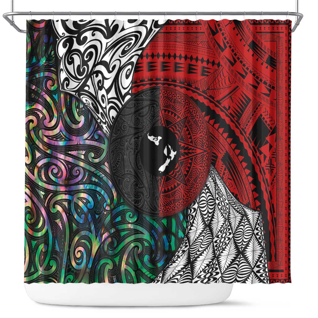 Tonga and New Zealand Together Shower Curtain Tongan Kupesi Ngatu Tattoo and Maori Paua Shell Pattern