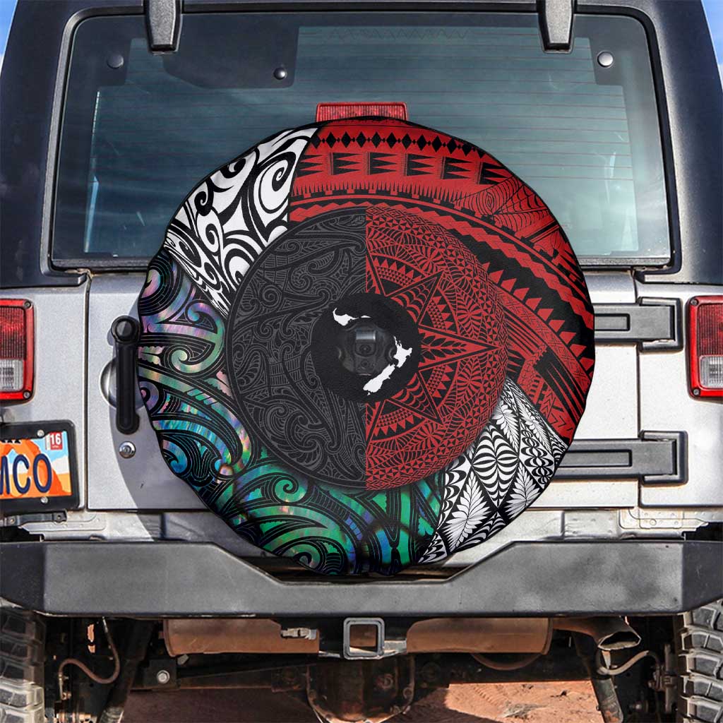 Tonga and New Zealand Together Spare Tire Cover Tongan Kupesi Ngatu Tattoo and Maori Paua Shell Pattern