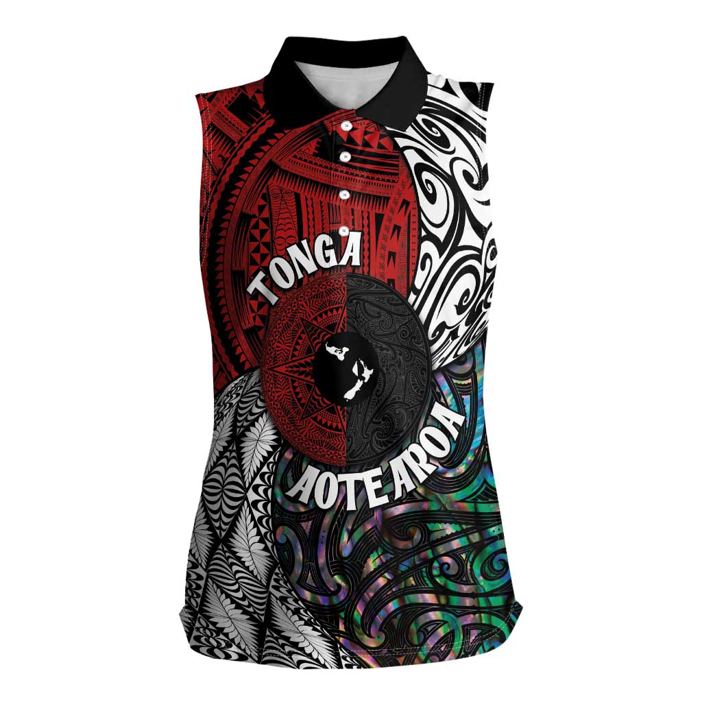 Tonga and New Zealand Together Women Sleeveless Polo Shirt Tongan Kupesi Ngatu Tattoo and Maori Paua Shell Pattern