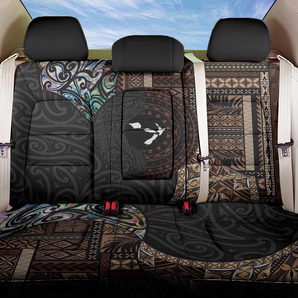 Samoa and New Zealand Together Back Car Seat Cover Siapo Motif and Maori Paua Shell Pattern LT03 One Size Black - Polynesian Pride