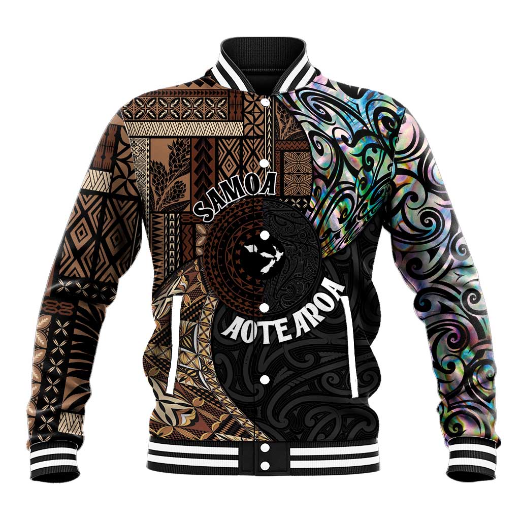 Samoa and New Zealand Together Baseball Jacket Siapo Motif and Maori Paua Shell Pattern LT03 Unisex Black - Polynesian Pride