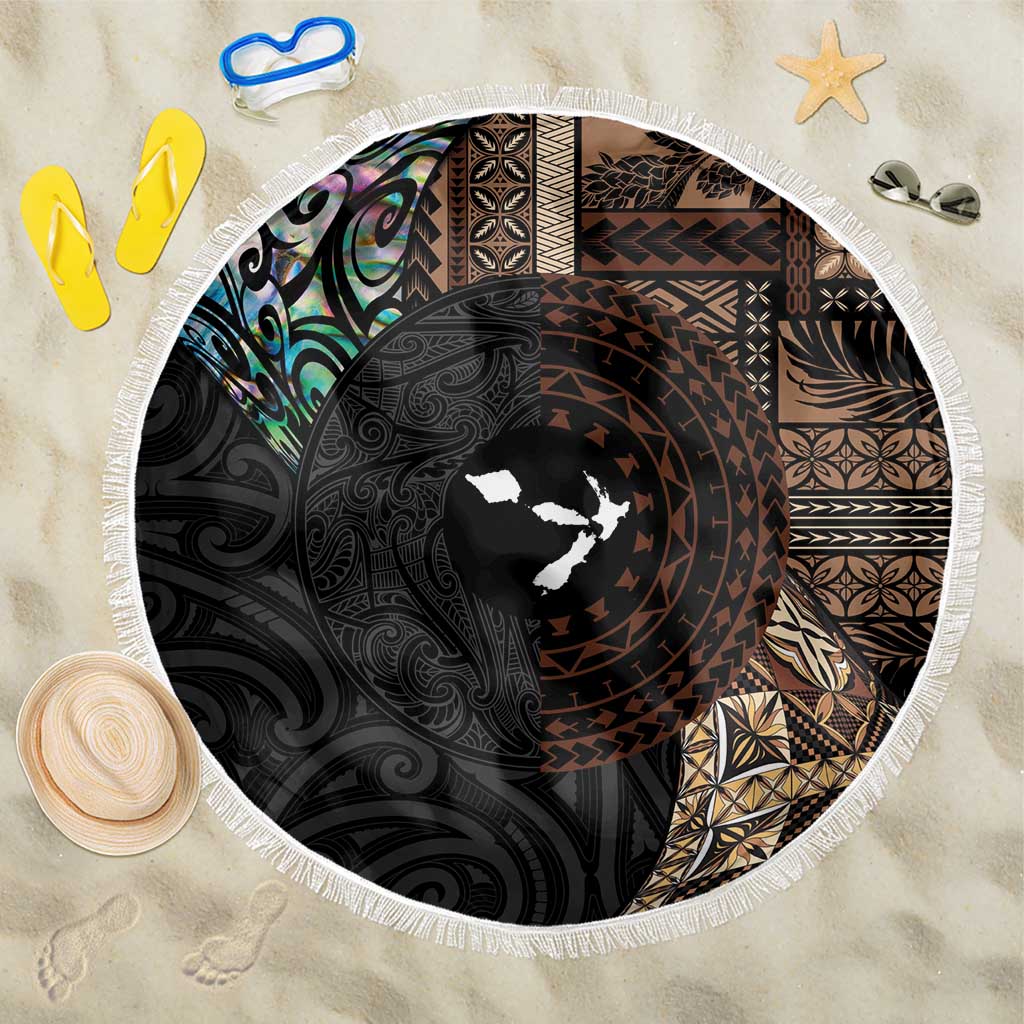 Samoa and New Zealand Together Beach Blanket Siapo Motif and Maori Paua Shell Pattern LT03 One Size 150cm Black - Polynesian Pride