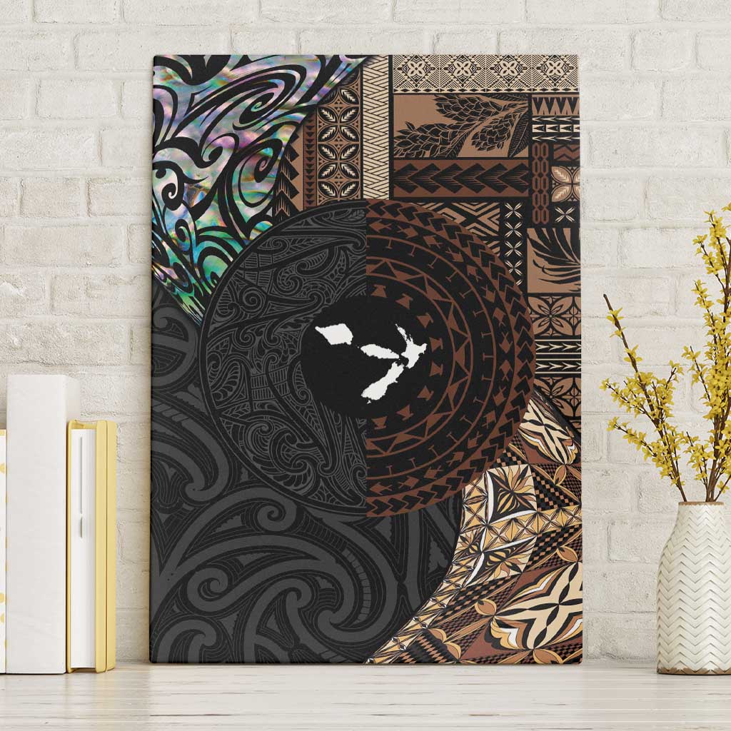 Samoa and New Zealand Together Canvas Wall Art Siapo Motif and Maori Paua Shell Pattern LT03 Without Frame Black - Polynesian Pride