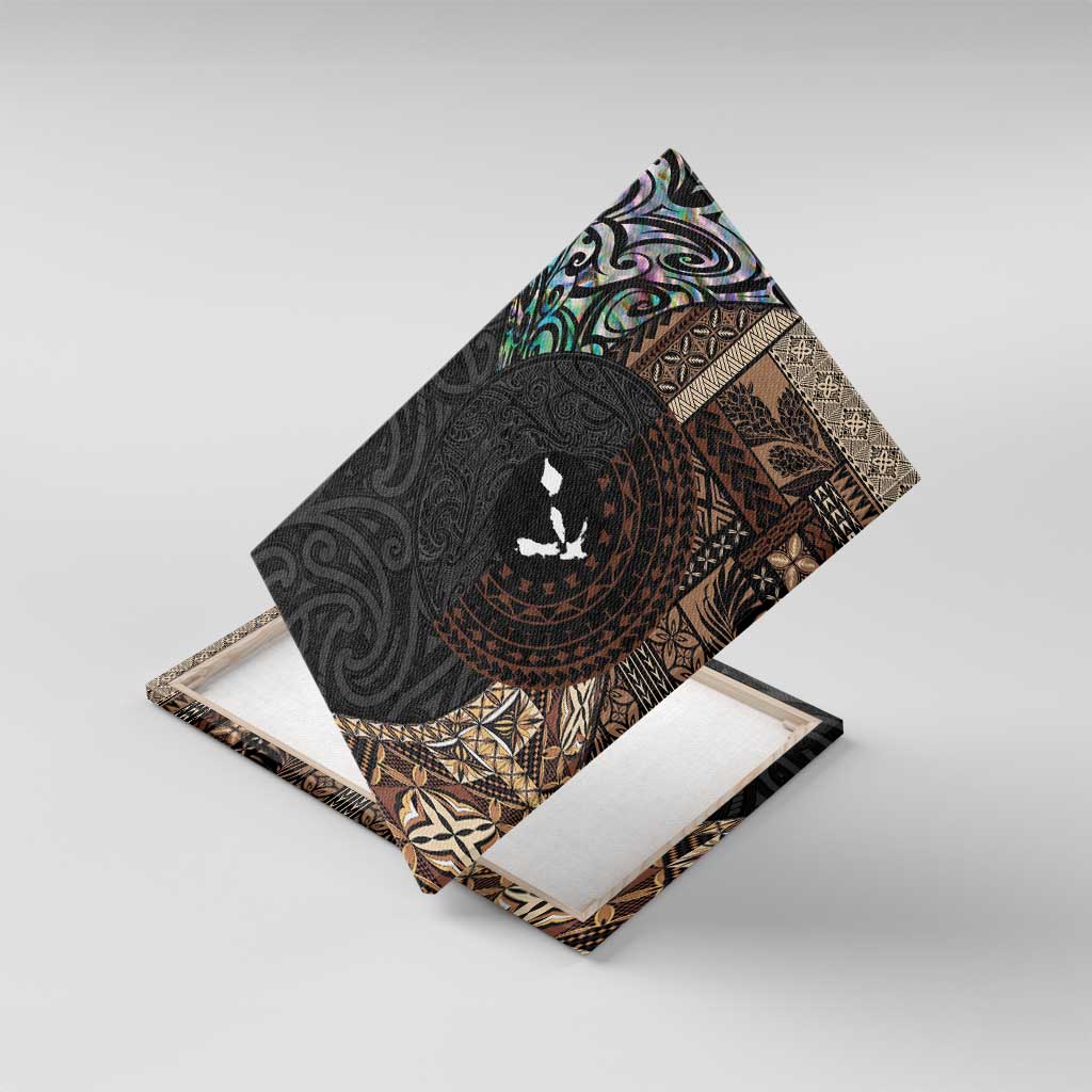 Samoa and New Zealand Together Canvas Wall Art Siapo Motif and Maori Paua Shell Pattern LT03 With Frame Black - Polynesian Pride