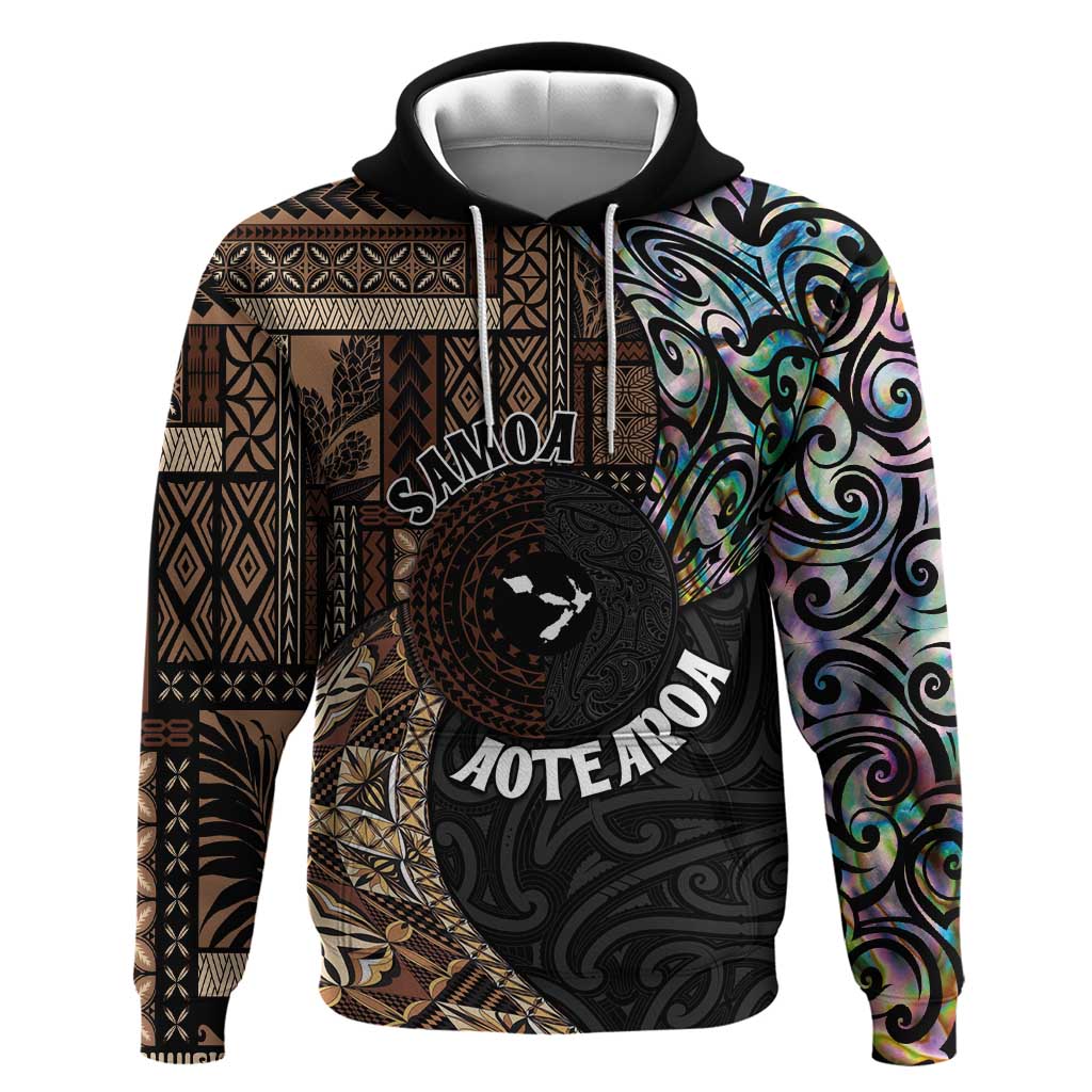 Samoa and New Zealand Together Hoodie Siapo Motif and Maori Paua Shell Pattern LT03 Pullover Hoodie Black - Polynesian Pride