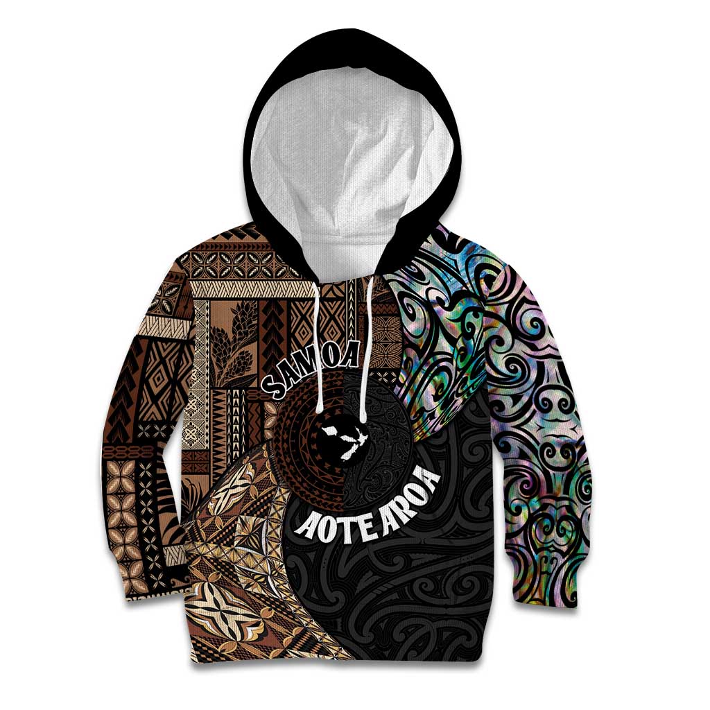 Samoa and New Zealand Together Kid Hoodie Siapo Motif and Maori Paua Shell Pattern LT03 Hoodie Black - Polynesian Pride