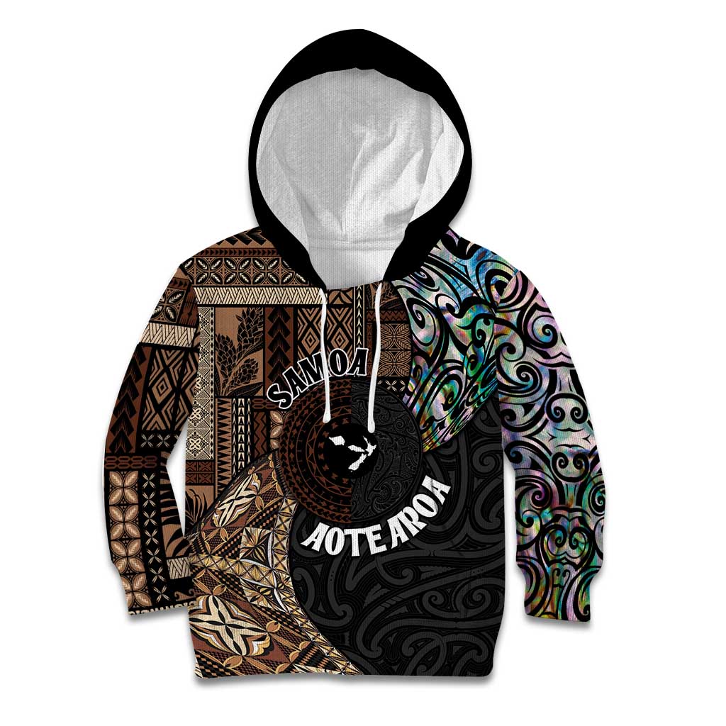 Samoa and New Zealand Together Kid Hoodie Siapo Motif and Maori Paua Shell Pattern